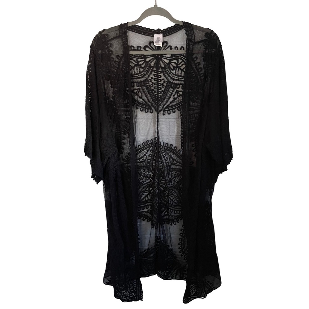Black Lace Duster Kimono Cardigan Sheer Embroidered Crochet Open Front XXL XXXL